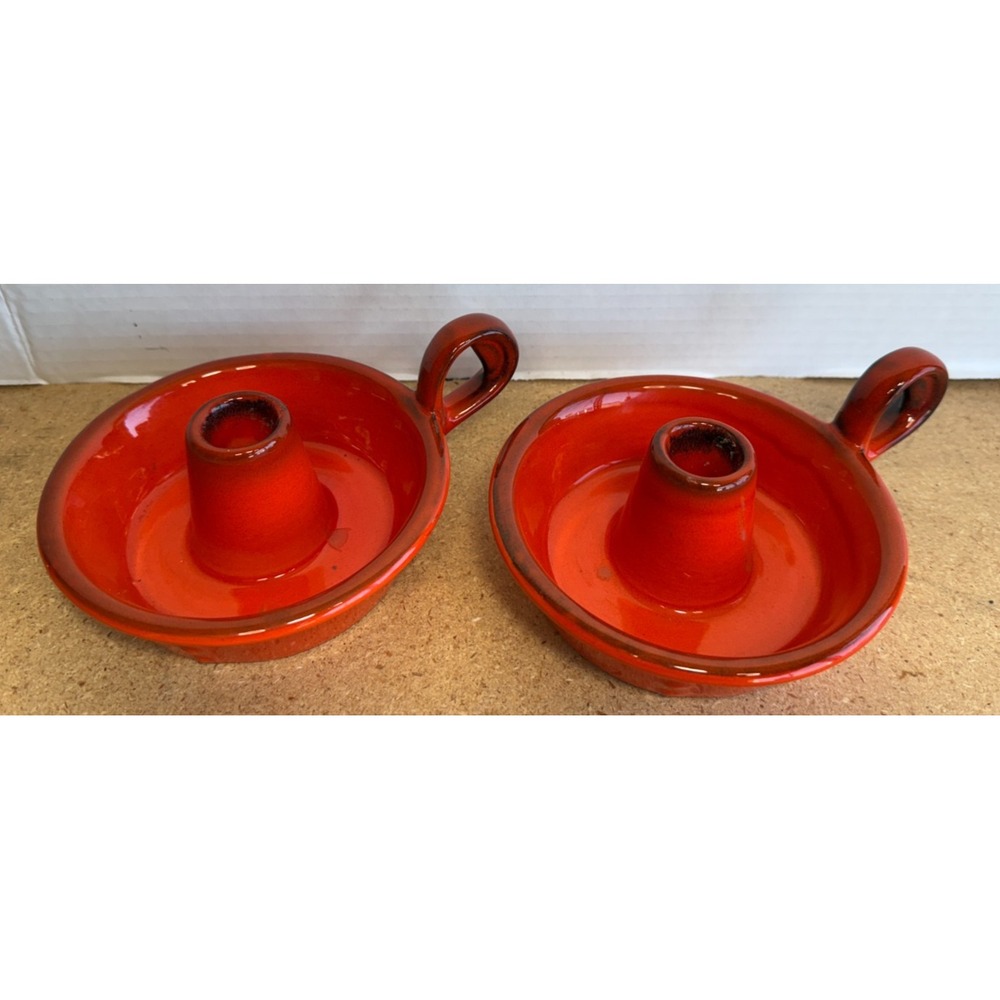 Lot of 2 Candleholders METLOX California Pottery POPPY TRAIL RED ROOSTER Orange